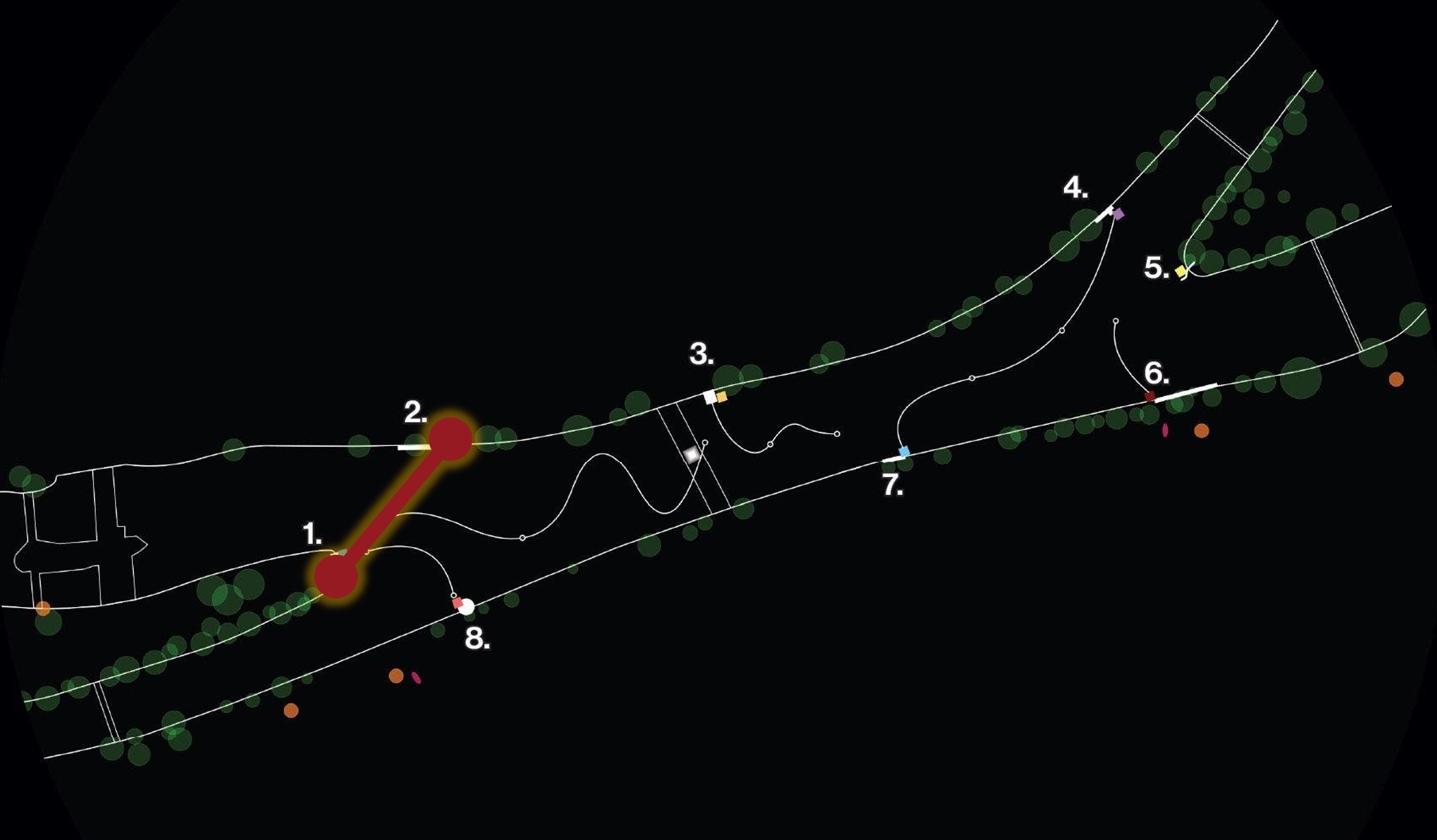 Die acht Aarezugänge in Aarau, die gemäss Aargauer Zeitung aufgewertet werden sollen: 1. Vogelinseli, 2. Aarepark, 3. Kettenbrücke Nord-Ost, 4. Scheibenschachen, 5. Zurlindenspitz, 6. Schwanbar, 7. Kettenbrücke Süd-Ost, 8. Summertime. In der Anfrage geht es in erster Linie, aber nicht nur, um die mögliche Schwimmstrecke zwischen 1 und 2 (rot markiert)